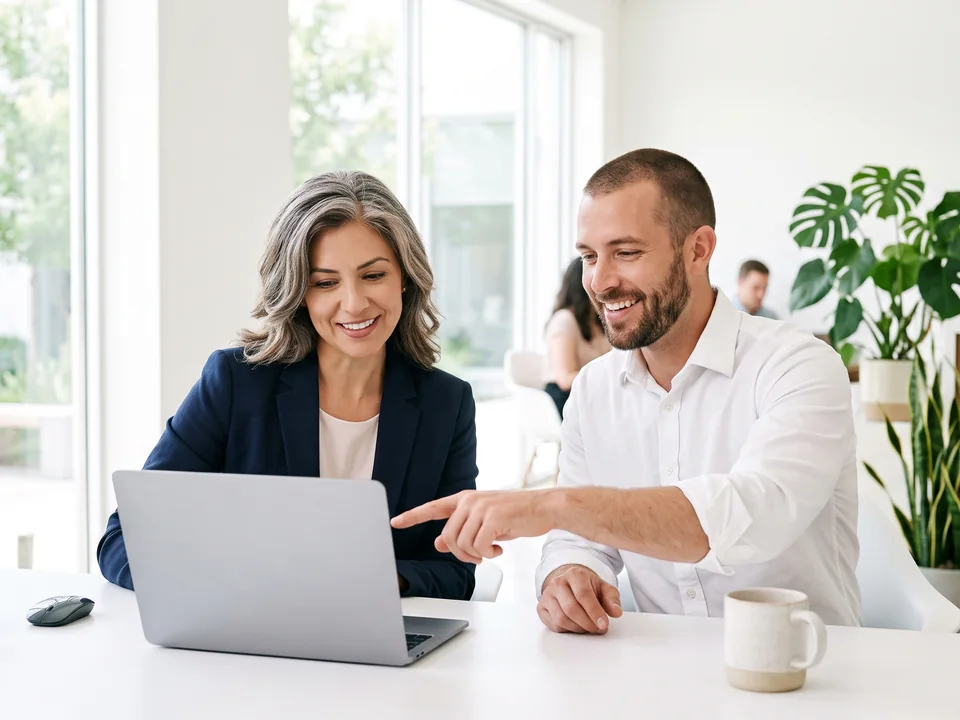 An attorney and a Legal Edge team member reviewing call reports on a laptop